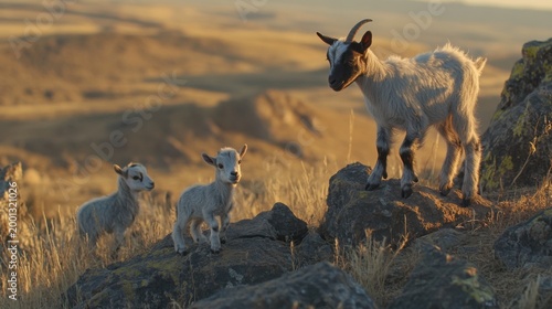 Three Goat Kids Playing on Rocky Terrain in Natural Landscape
