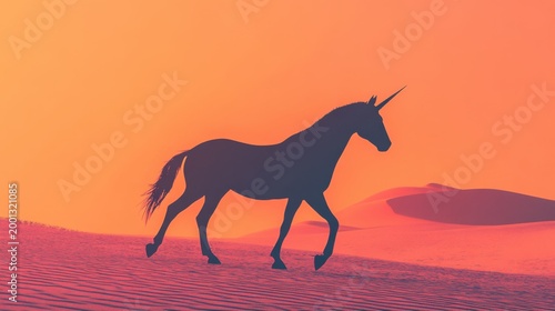 Majestic Unicorn Silhouette Against Vibrant Sunset in Desert Landscape