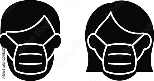 Vector isolated girl and boy wearing face mask icon set in black fill, simple solid silhouette style representing health protection, hygiene awareness, and safety measures for public health