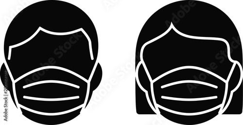 Vector isolated girl and boy wearing face mask icon set in black fill, minimal flat icon collection showing masked people figures, ideal for medical guidelines, pandemic awareness materials