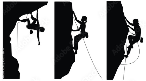Rock climbing extreme sports adventure, challenging mountain ascent concept, vector illustration