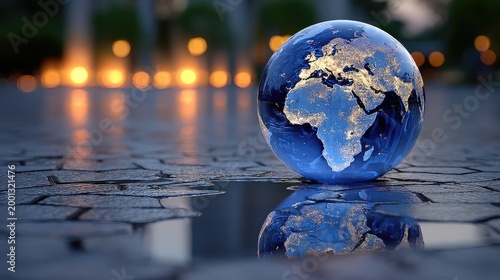 Glossy Blue Earth Globe Reflecting on Wet Cobblestone Street at Night