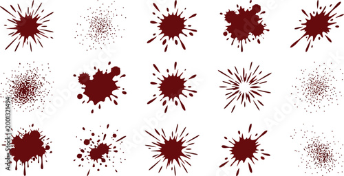 Collection of dark red blood splatters, splashes, and spray paint stains vector illustration of liquid drops and messy spots