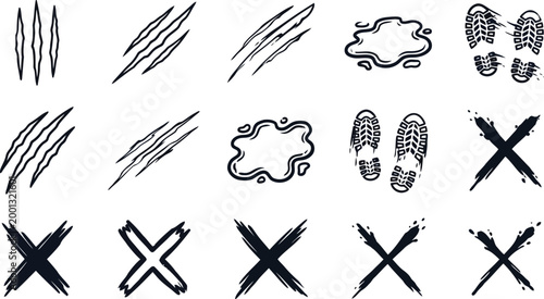 Set of hand drawn vector icons featuring claw marks, footprints, puddles, and cross marks