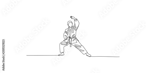 Continuous line drawing of a karate practitioner in a fighting stance with one arm raised