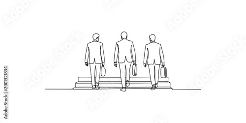 Three businessmen walking up stairs with briefcases in hand in a line drawing style