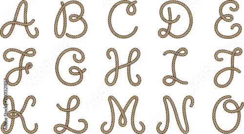 Set of capital letters from a to o made of nautical rope