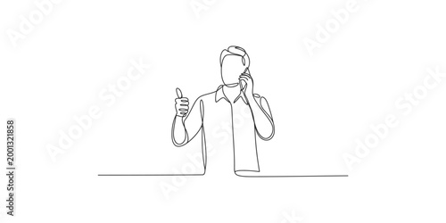 A simple line drawing of a man giving a thumbs up while talking on the phone in a minimalist style with a white background