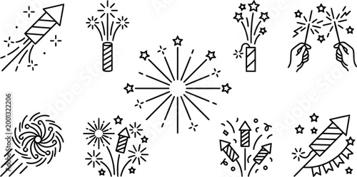 Set of firework icons, line style, vector illustration