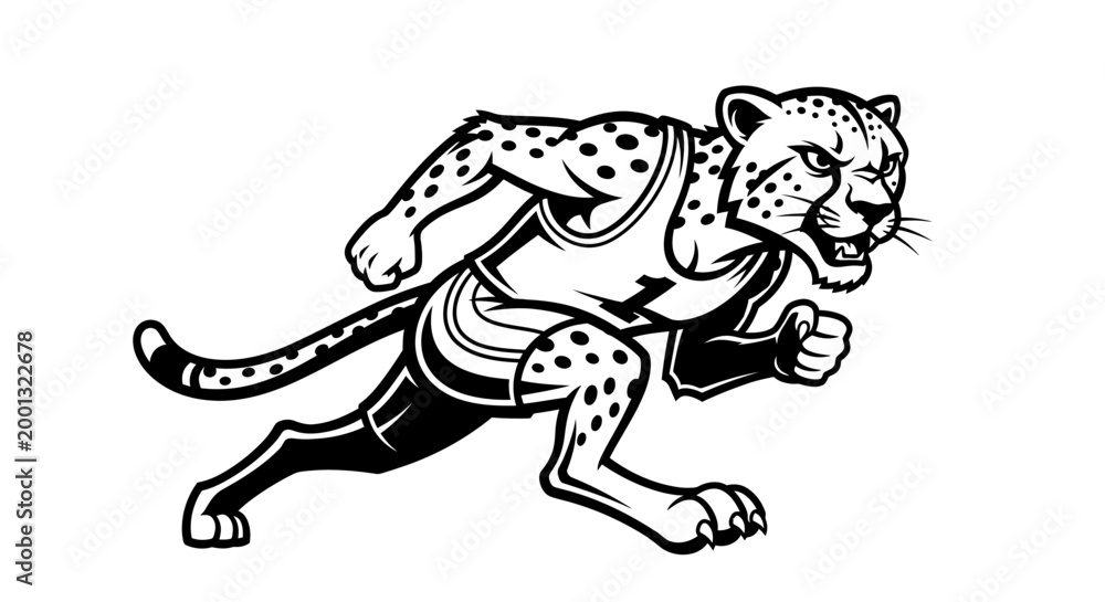 Obraz premium Running cheetah athlete in sports uniform black and white illustration