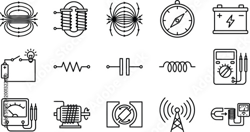 Set of physics and electronics icons including magnets, circuits, battery, resistor, capacitor, inductor, multimeter, motor, and antenna