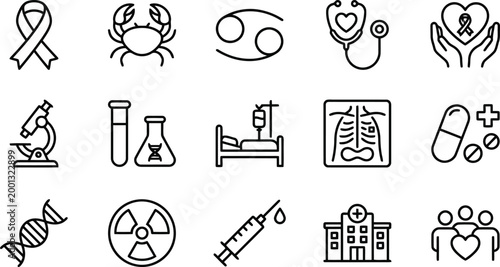 Set of cancer icons, including awareness ribbon, crab, stethoscope, microscope, medical test, hospital bed, xray, pills, dna, radiation, syringe