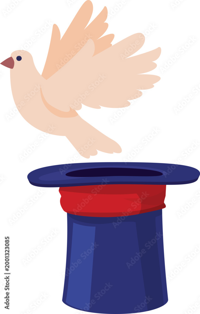 Fototapeta premium Magician hat with flying white dove bird, vector cartoon illusionist show mystery focus trick, magic illusion show stuff