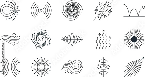 Physics and energy force icons set science symbols for magnetism, wind, electricity, waves, and gravity