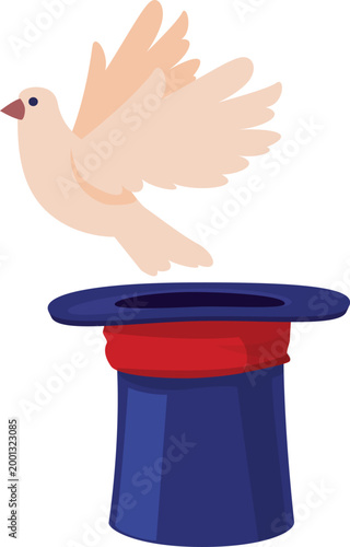 Magician hat with flying white dove bird, vector cartoon illusionist show mystery focus trick, magic illusion show stuff
