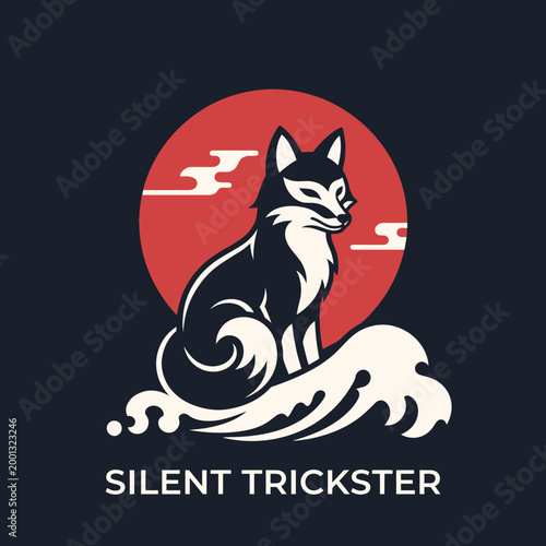 Εκτύπωση καμβά Black and white fox sitting on wave.