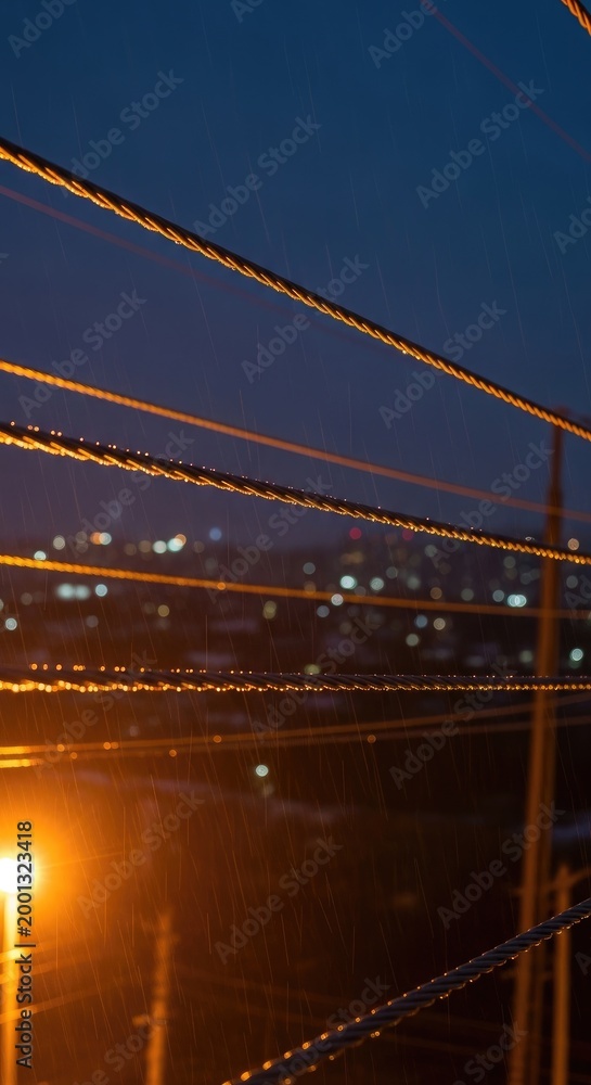 Fototapeta premium Nighttime Cityscape with Power Lines and Lights.