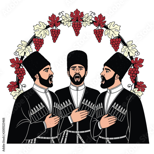 Three men in traditional Caucasian clothing singing together under a grape vine archway, representing cultural heritage and harmony.