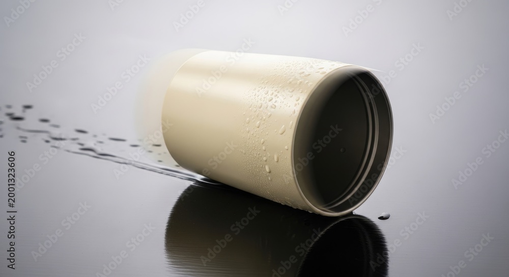 Fototapeta premium Spilled Liquid from Cylindrical Container on Reflective Surface.