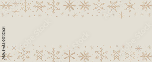 Elegant gold and tan snowflake border design for header footer, decorative winter frame with assorted snowflakes and star elements in premium metallic style, refined seasonal vector illustration