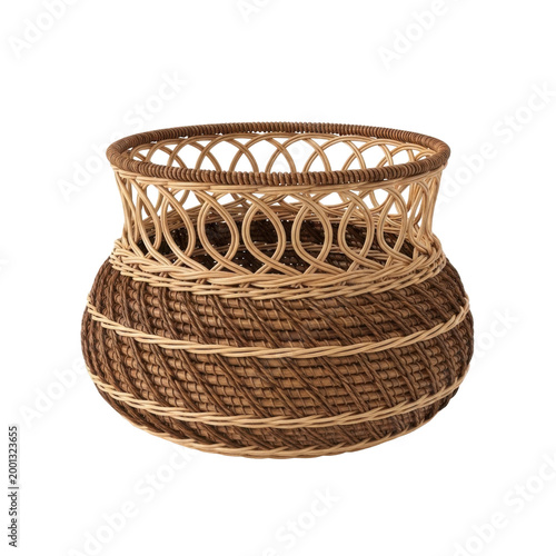 Handcrafted Traditional Woven Wicker Basket with Intricate Pattern, Isolated on White Background