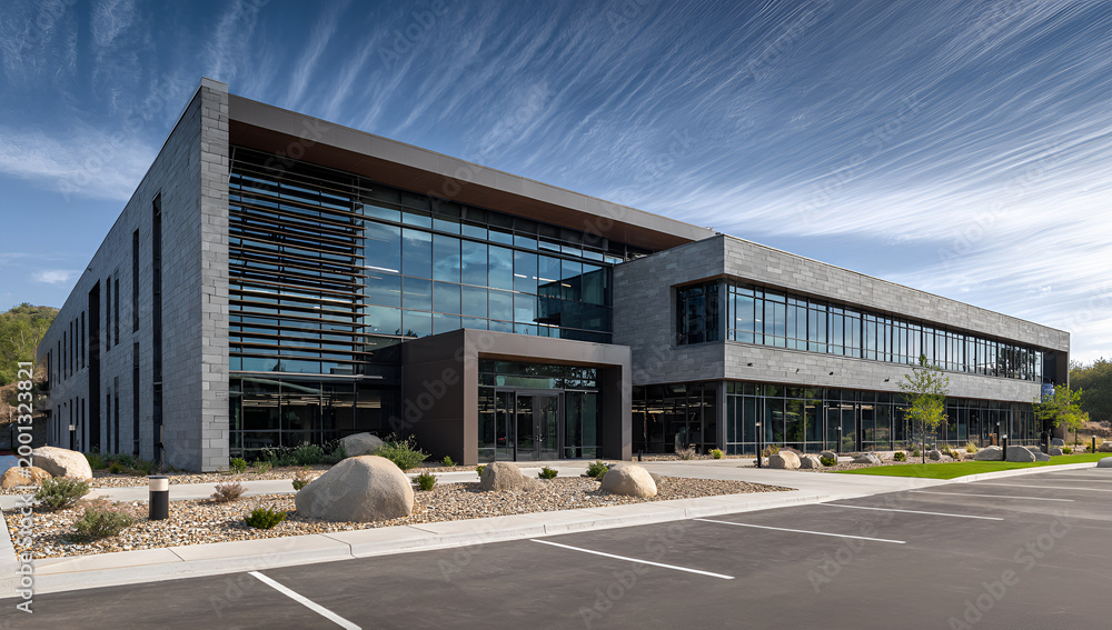 Obraz premium Modern Office Building Exterior with Glass Facade and Landscaping.