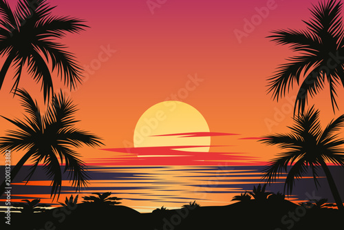 Tropical sunset on the beach. Paradise beach with silhouettes of palm trees and ocean beneath colorful clouds and a bright sun. Vector illustration for a visually enchanting and relaxing composition