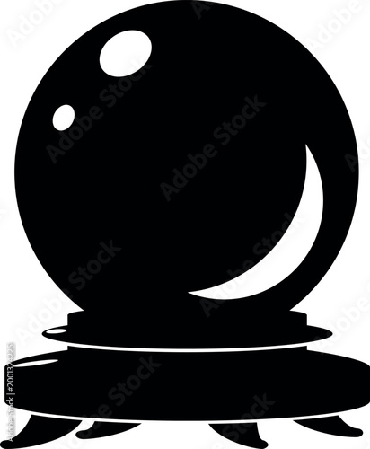 Magic crystal ball vector black and white icon, magician illusion focus trick fortune teller and occult ritual accessory