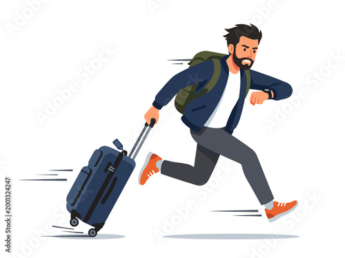 A young man with a backpack and suitcase rushing to catch his flight for a spring holiday, demonstrating the urgency of travel during this vibrant season