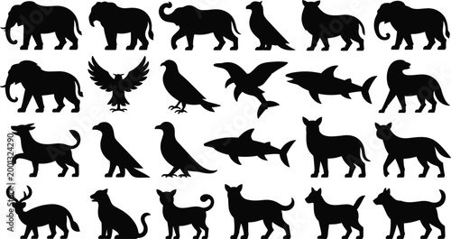 Animal silhouettes collection isolated on white background, including elephant lion bird shark deer dog and mixed wildlife vector illustration set