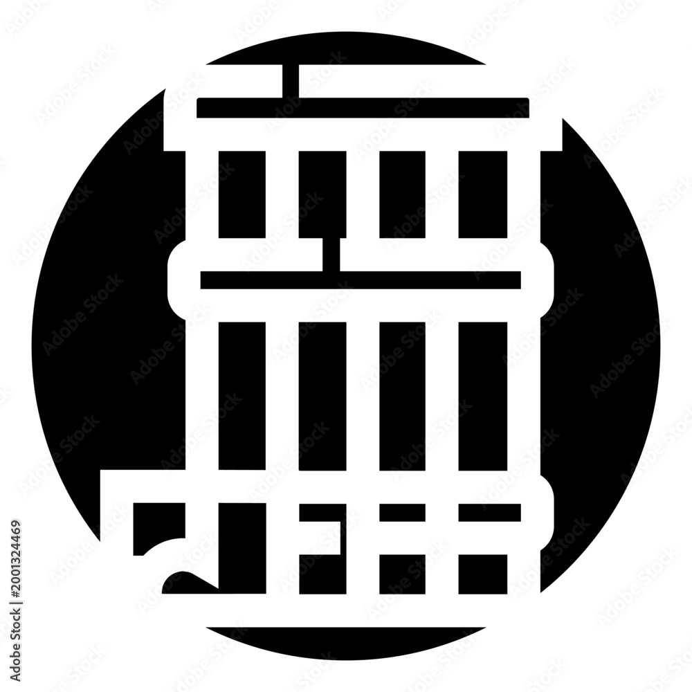 Fototapeta premium Iconic ancient column structure forming an abstract design, often symbolizing justice, law, classical heritage, and official institutions, featured in a solid black circular frame