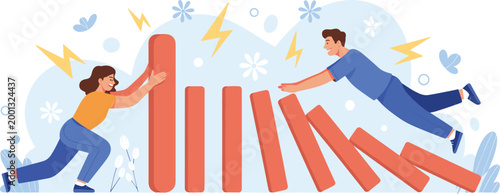 Woman supporting vertical domino while man triggers a chain reaction representing business stability intervention and risk management control concept