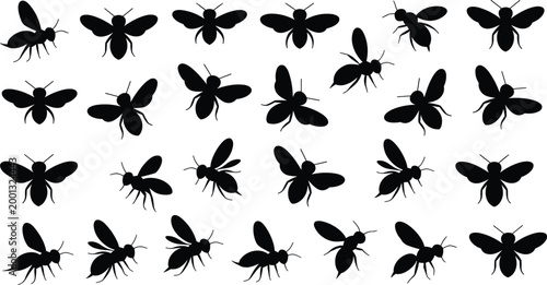 Bee silhouettes collection isolated on white background, various flying honeybee poses insect vector illustration set for nature design