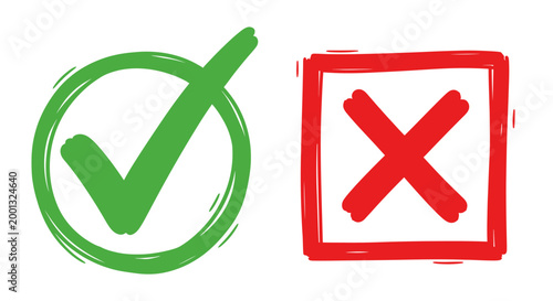 Pair of approval and rejection icons showing a green check mark and a red cross for decision making and UI design.