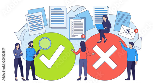 Business teamwork concept showing approval and denial with documents and symbols.