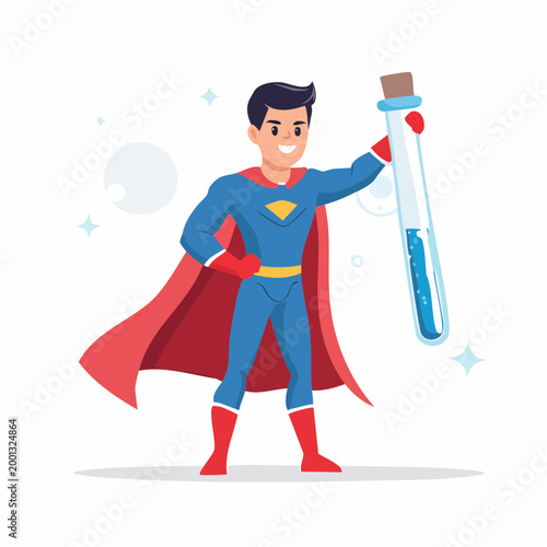 Superhero holding a test tube with blue liquid