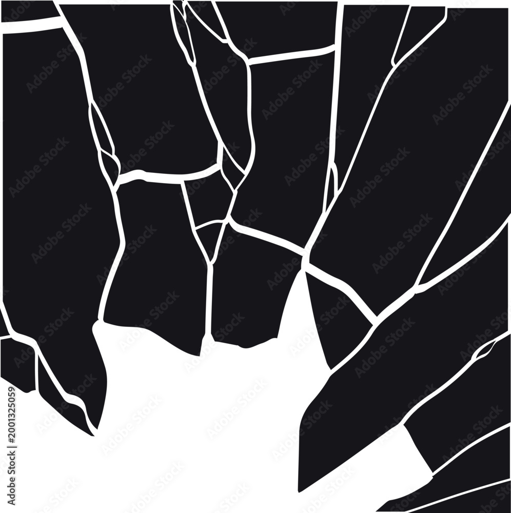 Naklejka premium A square background with large broken fragments, cracks, and an empty hole, in black and white.