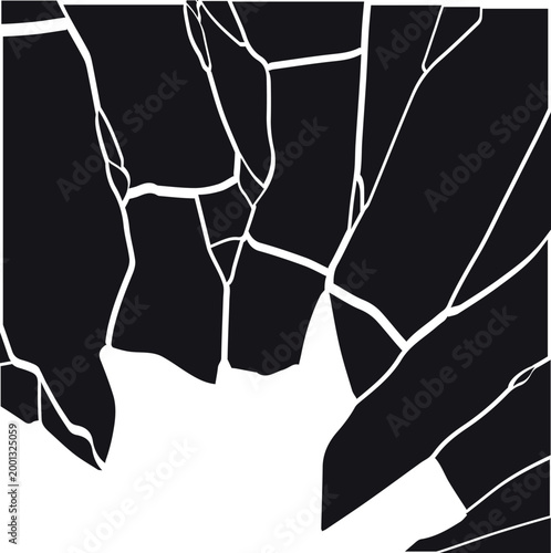 A square background with large broken fragments, cracks, and an empty hole, in black and white.