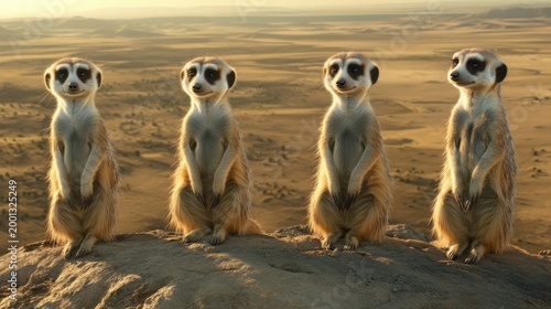 Four Meerkats Standing on a Rock in a Desert Landscape at Sunset