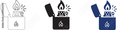 Pocket lighter and ignition symbol. Flame, spark and fuel sign.Fire start concept representing gasoline lighter, refillable .vector