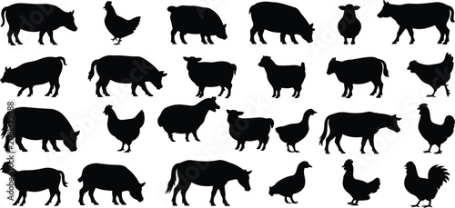 Farm animal silhouettes collection isolated on white background, including cow pig sheep chicken duck rooster livestock vector illustration set