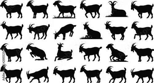Goat silhouettes collection isolated on white background, various domestic goats standing walking grazing poses farm animal vector illustration