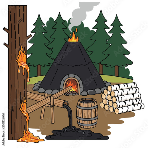 Illustration depicting traditional charcoal production in a forest setting, showing a kiln, stacked wood, and pine resin being collected.