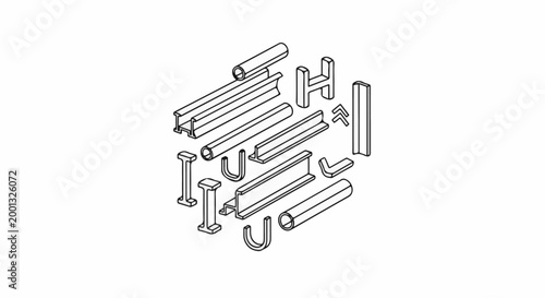 A collection of isometric line drawings of various metal construction beams and tubes
