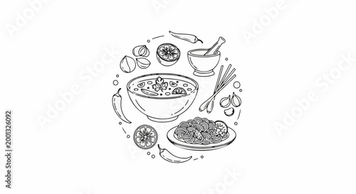 A collection of ingredients and dishes, presented in a circular, hand-drawn style
