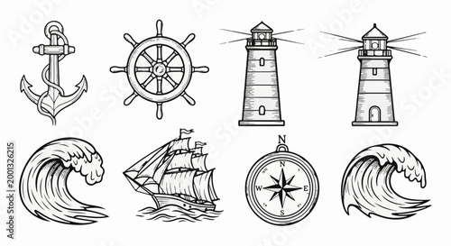 A collection of maritime icons anchor, ship's wheel, lighthouse, sailing ship, compass, and waves