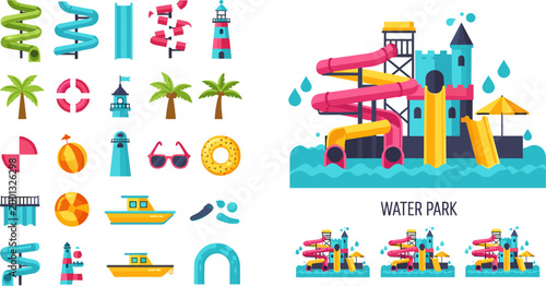Colorful water park element set featuring slides, pool, palm tree, boat, lighthouse and aqua park building illustration