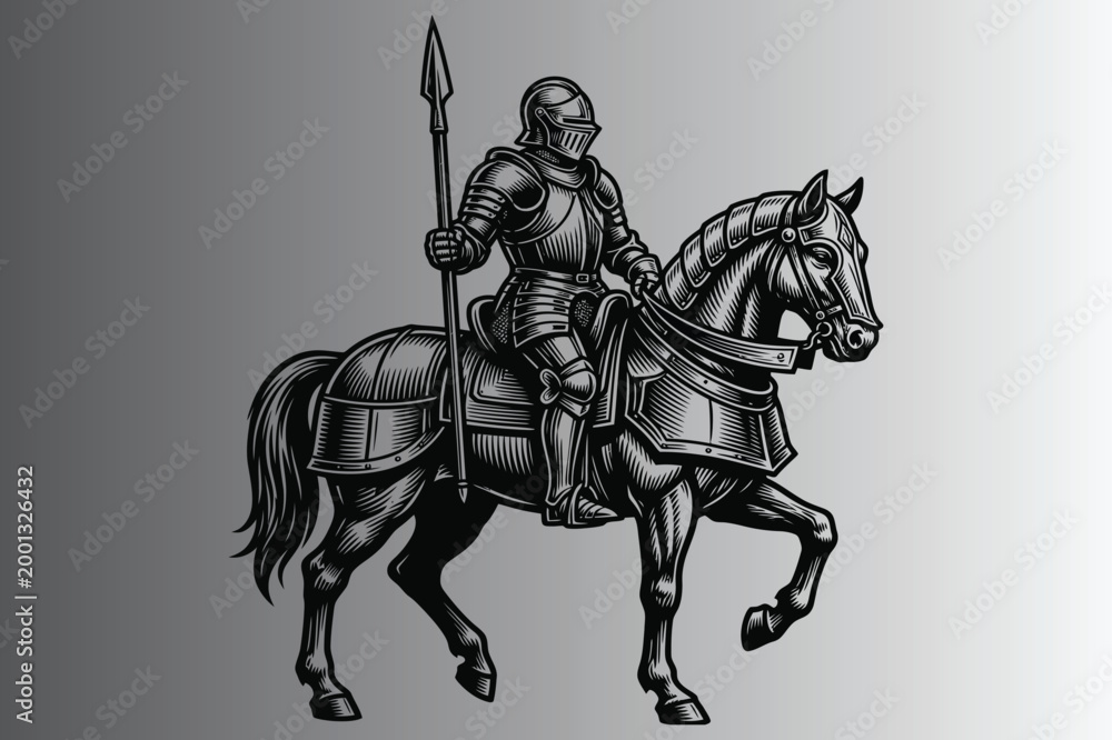 Fototapeta premium knight riding armored horse with spear black and white illustration high quality professional detailed modern elegant stylish