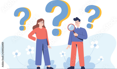 Man with magnifying glass investigating questions and researching information next to a woman in flat vector illustration style