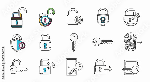 A collection of security icons, featuring locks, keys, and fingerprint scans